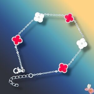 925 Sterling Silver Moissanite Red Enamel Clover Bracelet Adjustable 537
